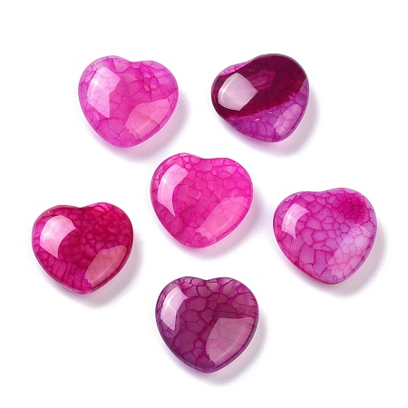 Arricraft Natural Agate Beads, Dyed, No Hole, for Wire Wrapped Pendant Making, Heart, Dragon Veins Pattern, Fuchsia, 18~19.5x19~20x6~7mm