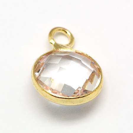 Honeyhandy Golden Tone Brass Glass Flat Round Charms, Faceted, Clear, 12x8.5x3mm, Hole: 1.5mm