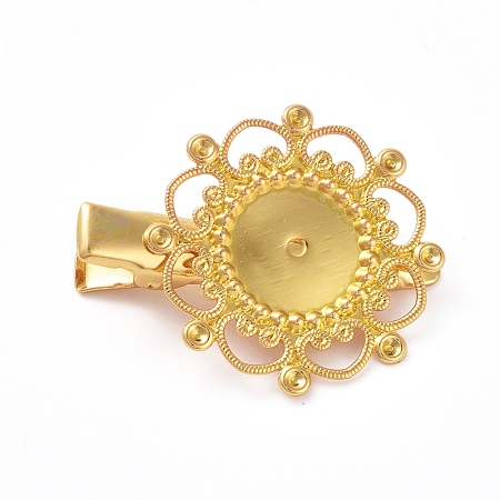 Honeyhandy Hair Accessories Iron Alligator Hair Clip Findings, with Brass Filigree Flower Cabochon Bezel Settings, Long-Lasting Plated, Golden, Tray: 12mm, 34.5mm, Flower: 28mm
