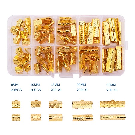 PandaHall Elite Assorted Sizes of Golden Ribbon Pinch Crimp Clamp End Findings Cord Ends for Jewelry Craft Supplies, about 100pcs/box