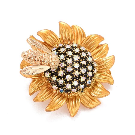 Honeyhandy Sunflower and Bee Crystal Rhinestone Badge, Alloy Lapel Pin for Backpack Clothes, Golden, 29x6.5mm, Pin: 0.7mm
