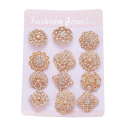 ARRICRAFT Alloy Safety Brooches, with Rhinestone and Iron Pin, Flower, Crystal, Golden, 31~38mm, 12pcs/set