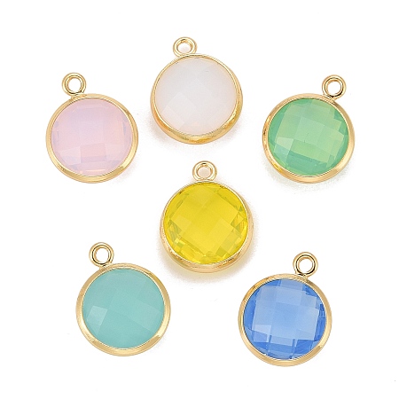 ARRICRAFT Brass Glass Charms, Long-Lasting Plated, Lead Free & Nickel Free & Cadmium Free, Flat Round, Real 18K Gold Plated, Mixed Color, 13.5x11x5mm, Hole: 1.4mm