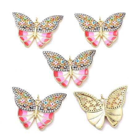 Arricraft Real 18K Gold Plated Brass Micro Pave Cubic Zirconia Pendants, with Enamel, Long-Lasting Plated, Butterfly, Colorful, 31x41x4mm, Hole: 1.4mm