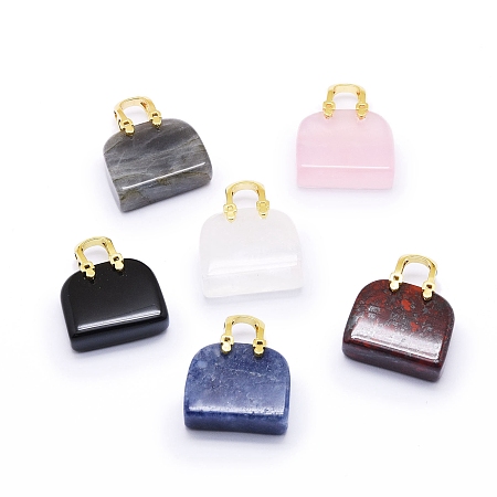 Natural & Synthetic Gemstone Brass Pendants, Golden, Bag, 27~28x23.5~24x8.5mm, Hole: 6x6.5mm
