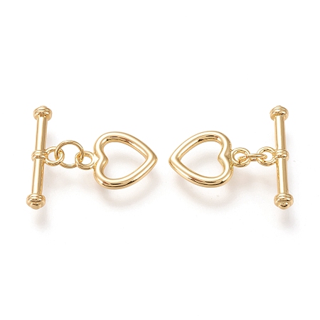 Honeyhandy Brass Toggle Clasps, Long-Lasting Plated, Heart & Bar, Real 18K Gold Plated, Heart: 14x11x1.7mm, Hole: 1.8mm, Bar: 20x6x3mm, Hole: 1.8mm