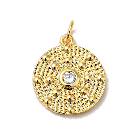 Honeyhandy Rack Plating Brass Micro Pave Clear Cubic Zirconia Pendants, with Jump Ring, Cadmium Free & Nickel Free & Lead Free, Flat Round, Real 18K Gold Plated, 17x15x2.5mm, Hole: 3.6mm