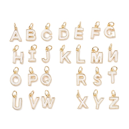 Honeyhandy Rack Plating Brass Letter Pendants, with Jump Rings, Real 18K Gold Long-Lasting Plated, Lead-Free and Cadmium Free, Embedded White PVC, Alphabet, Letter A~Z, 11~12x5.5~10x2mm, Hole: 3.6mm, 26pcs/set