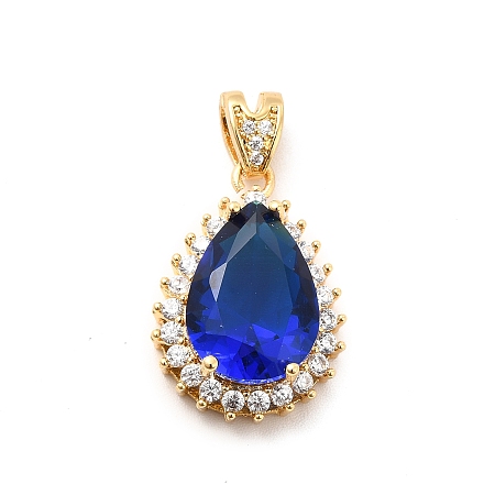 Honeyhandy Brass Micro Pave Clear Cubic Zirconia Pendants, with Blue Glass, Teardrop, Real 18K Gold Plated, 21x14.5x7mm, Hole: 4.5x2mm