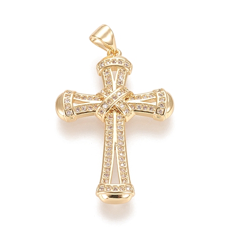 Honeyhandy Brass Micro Pave Cubic Zirconia Pendants, Cross, Clear, Real 18K Gold Plated, 34.5x23.5x3.5mm, Hole: 5.5x3.5mm
