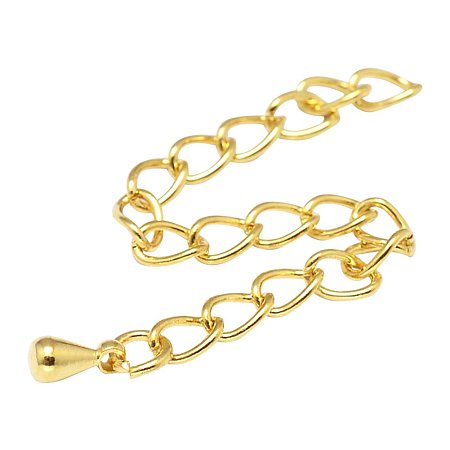 NBEADS 500 Strands Brass End with Extender Chains and Drop Charms, Golden, 69x3x1.5mm, Hole: 3x2mm