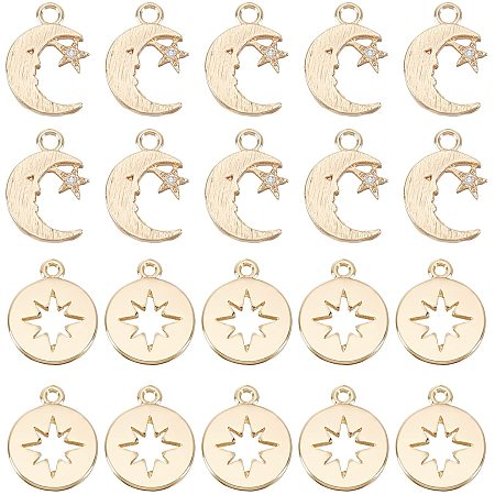 NBEADS 20 Pcs 2 Style Brass Charms, 18K Gold Plated Moon and Star Cubic Zirconia CZ Charms Brass Flat Round Pendant for Jewelry Making