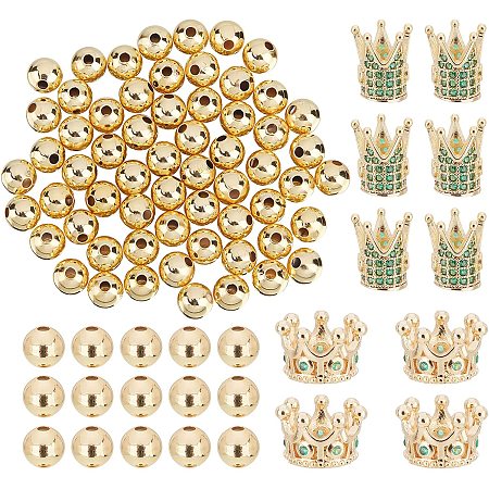 NBEADS 10 Pcs Cubic Zirconia Spacer Beads and 60 Pcs Brass Beads, Cubic Zirconia King Crown Charms Beads Round Brass European Large Hole Beads for DIY Crafts Jewelry Making Valentine's Day Gifts