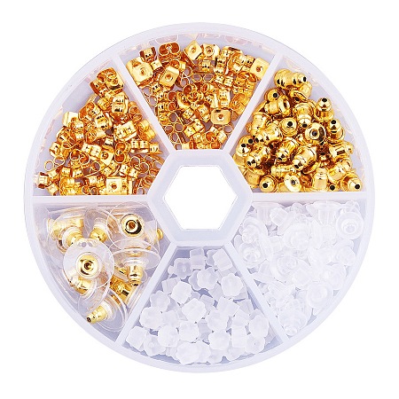 PandaHall Elite 5 Style Golden Brass and Plastic Earnut Earring Studs Sets in One Box for Jewelry Making, about 250pcs/box
