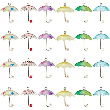 NBEADS 24 Pcs Umbrella Pendant Charms, Colorful Earrings Acrylic Charms with Golden Plated Brass Loops and ABS Plastic Imitation Pearl for Jewelry Making