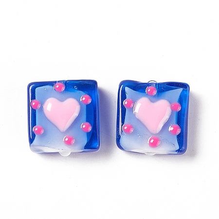 Honeyhandy Handmade Lampwork Beads, Square with Heart Pattern, Blue, 16x15x6mm, Hole: 1.8mm