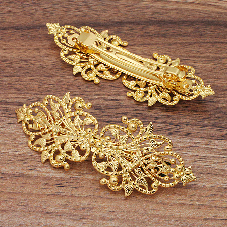 Honeyhandy Brass Filigree Hair Barrette, Hollow out, with Iron Findings, Long-Lasting Plated, Flower, Golden, 94x34mm
