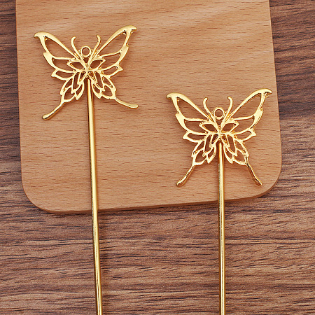 Honeyhandy Iron Hair Stick Finding, with Alloy Butterfly, Golden, 135mm, Pin: 2.5mm