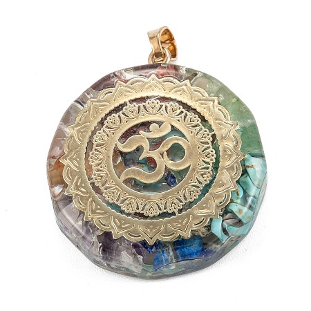 Honeyhandy Natural Gemstone Pendants, with Alloy Findings and Resin, Antique Golden, Flat Round with Om Symbol, 45x35.5x11mm, Hole: 6x4.5mm