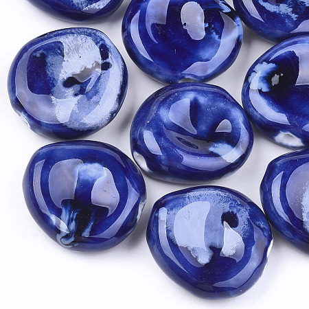 ARRICRAFT Handmade Porcelain Beads, Fancy Antique Glazed Porcelain, Nuggets, Blue, 32~33x32~34x14~15mm, Hole: 3.5~4mm