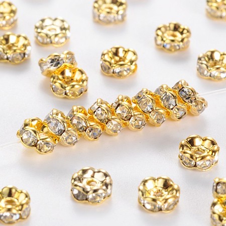 Honeyhandy Brass Rhinestone Spacer Beads, Grade A, Crystal, Wavy Edge, Rondelle, Golden Metal Color, 5x2.5mm, Hole: 1mm