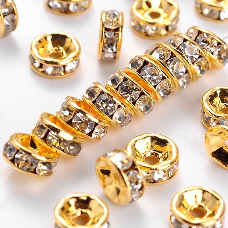 Honeyhandy Brass Rhinestone Spacer Beads, for Jewelry Craft Making Findings, Grade A, Straight Flange, Golden Metal Color, Rondelle, Crystal, 6x3mm, Hole: 1mm