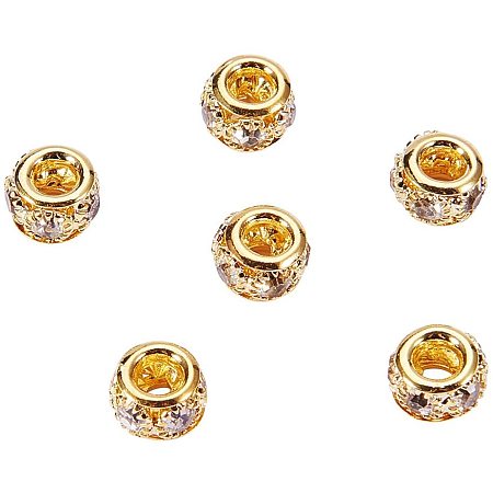 NBEADS 50 Pcs Golden Brass Rhinestone Beads, Grade A Crystal Beads with Glistening Rhinestone Rondelle Spacer Beads Fit European Bracelet Snake Chain
