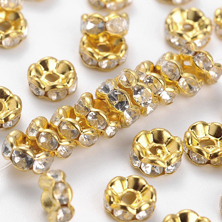 Honeyhandy Brass Rhinestone Spacer Beads, Grade B, Clear, Golden Metal Color, Size: about 8mm in diameter, 3.8mm thick, hole: 1.5mm