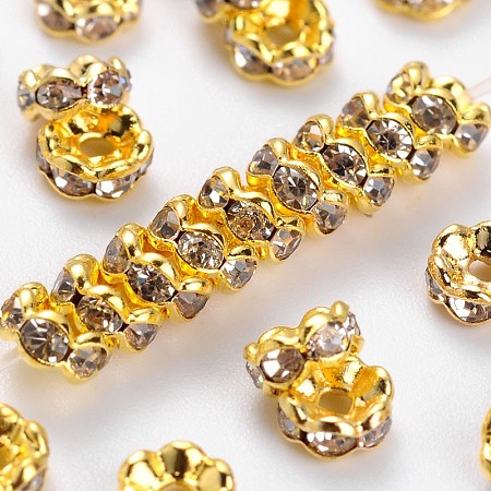 Honeyhandy Middle East Rhinestone Spacer Beads, Clear, Brass, Golden Metal Color, Nickel Free, Size: about 4mm in diameter, 2mm thick, hole: 1mm
