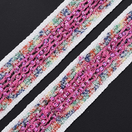 ARRICRAFT Nylon Ribbon, with Glass Seed Beads, Hot Pink, 3/4 inch(19~20mm)