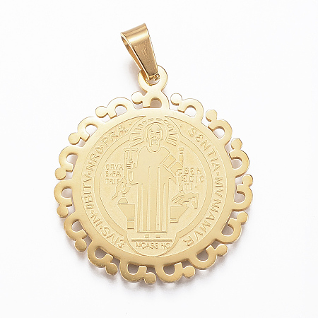 Honeyhandy 304 Stainless Steel Pendants, Flat Round with Saint Benedict Medal, Golden, 28x25x1mm, Hole: 4x7mm