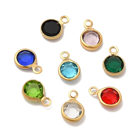 Honeyhandy Ion Plating(IP) 304 Stainless Steel with Glass Charms, Real 18K Gold Plated, Faceted Flat Round, Mixed Color, 9.5x6.5x2mm, Hole: 1.5mm