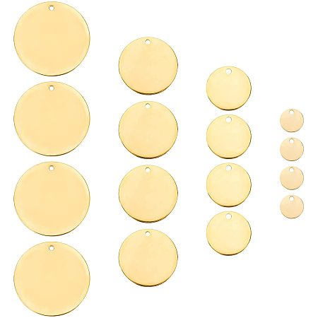 Pandahall Elite 4 Sizes Round Blank Stamping Tag Stainless Steel Engraving Tags Pendants 40pcs Metal Stamping Blanks with Hole for Bracelet Earring Keychain Jewelry Making, Golden