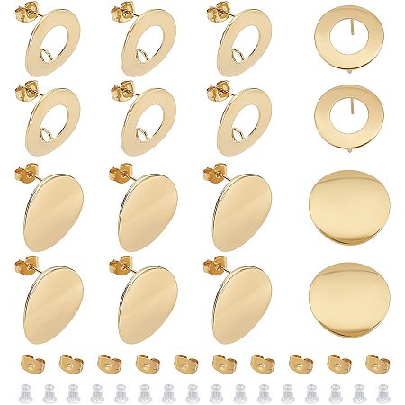 UNICRAFTALE 20pcs 2 Styles Golden Flat/Hollow Round Stud Earring Findings with Silicone Ear Nuts Stainless Steel Findings with Loop 304 Stainless Steel Stud Earring with Flat Plate for Jewelry Making