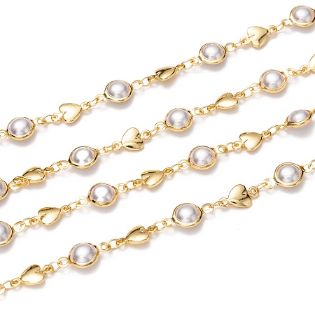 Arricraft 3.28 Feet Handmade Brass Glass Pearl Beaded Chains, Long-lasting Plated, Soldered, Heart, Golden, Brass Link: 12.5x6.5x4mm, Heart: 10x5.5x1.7mm