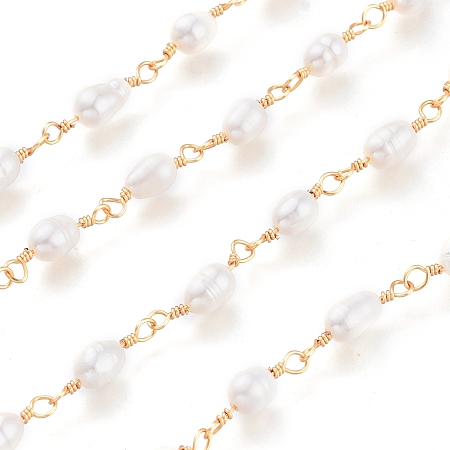 Honeyhandy 3.28 Feet Freshwater Pearl Beaded Chains, with Brass Findings, Unwelded, Long-Lasting Plated, Golden, Pearl: 6~9x5~7mm