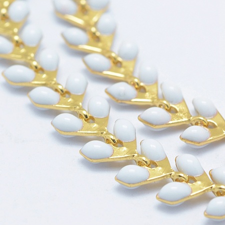 Honeyhandy Brass Handmade Chains, Unwelded, with Enameled Cobs, Long-Lasting Plated, Leaf, Real 18K Gold Plated, White, 6.5x6x0.5mm