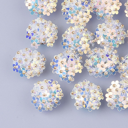 ARRICRAFT PVC Paillette Cabochons, Cluster Beads, with Glass Seed Beads and Golden Plated Brass Perforated Disc Settings, Flower, WhiteSmoke, 20~23x10~11mm
