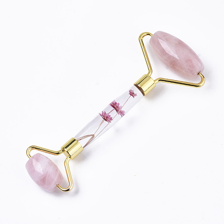 Honeyhandy Natural Rose Quartz Massage Tools, Facial Rollers, with K9 Glass & Dried Flower Handle & Zinc Alloy Findings, Golden, 145x57x20.5mm