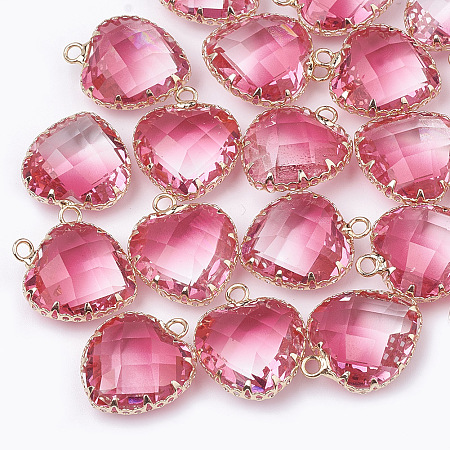 K9 Glass Pendants, Imitation Tourmaline, with Golden Tone Brass Findings, Faceted, Heart, Hot Pink, 20x16.5x8mm, Hole: 2mm