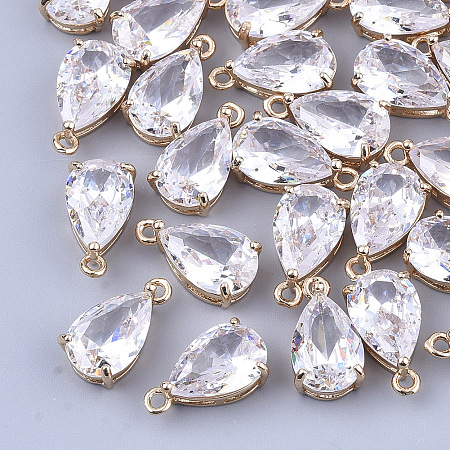 Honeyhandy Transparent Glass Charms, with Brass Findings, Faceted, Teardrop, Light Gold, Clear, 15x8x6mm, Hole: 1.2mm