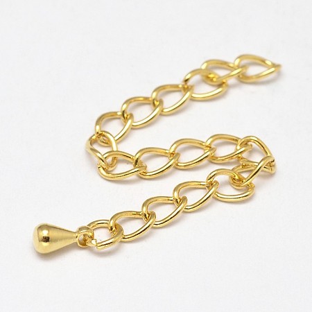 Arricraft Brass Chain Extender, with Curb Chains and Drop Charms, Golden, 65~70x3x1.5mm, Hole: 3x2mm, Teardrop: 6x3mm.