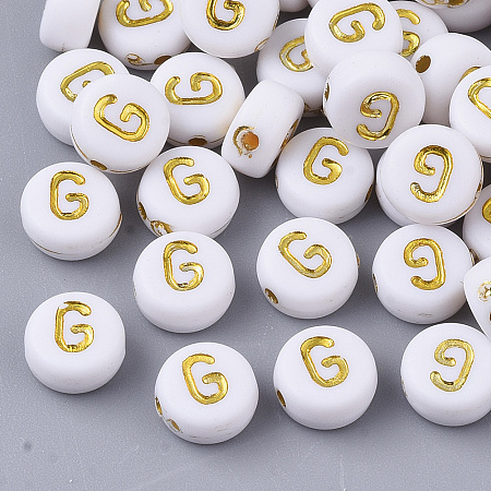 Honeyhandy Plating Acrylic Beads, Golden Metal Enlaced, Horizontal Hole, Flat Round with Alphabet, White, Letter.G, 7x3.5mm, Hole: 1.2mm, about 360pcs/50g