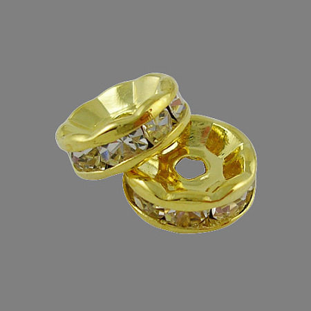 Honeyhandy Brass Rhinestone Spacer Beads, Grade A, Straight Flange, Golden, Rondelle, Crystal, 6x3mm, Hole: 1mm