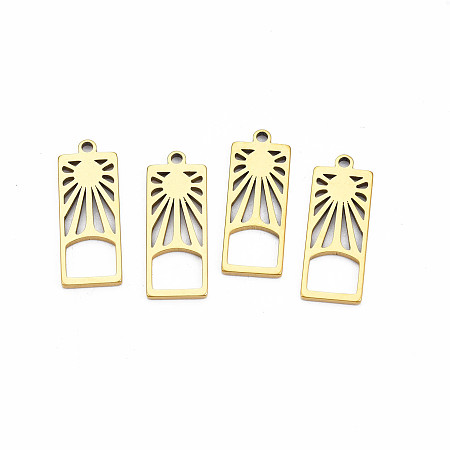 Honeyhandy Ion Plating(IP) 201 Stainless Steel Pendants, Rectangle with Sun, Nickel Free, Real 18K Gold Plated, 27.5x10.5x1.5mm, Hole: 1.8mm