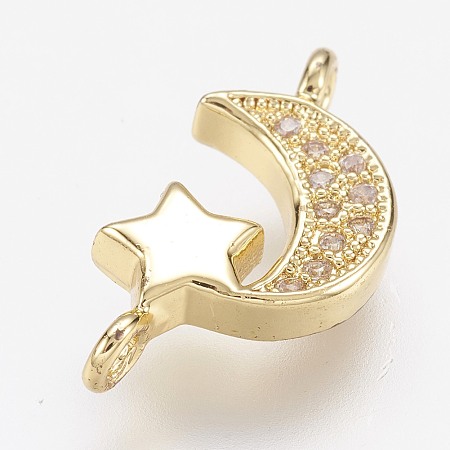Honeyhandy Brass Micro Pave Cubic Zirconia Links, Moon and Star, Golden, 16.5x8.5x3mm, Hole: 1.5mm