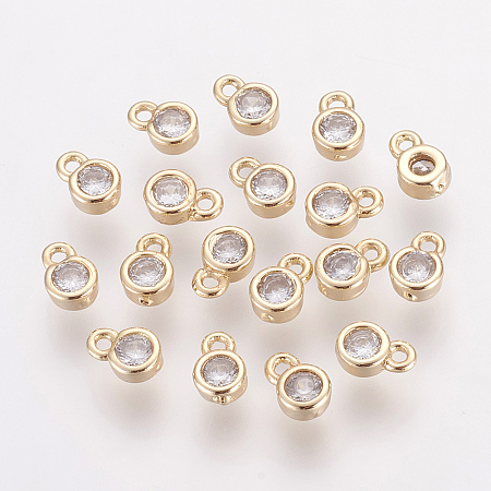 Honeyhandy Brass Cubic Zirconia Charms, Flat Round, Golden, 6x4x2mm, Hole: 1mm