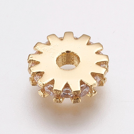 Honeyhandy Brass Micro Pave Cubic Zirconia Bead Spacers, Flat Round/Gear, Clear, Golden, 8x2mm, Hole: 2mm
