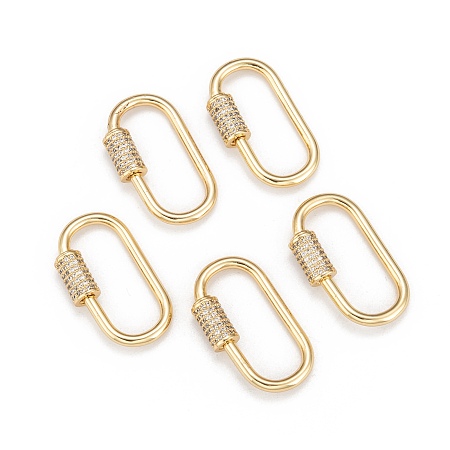 ARRICRAFT Brass Micro Pave Cubic Zirconia Screw Carabiner Lock Charms, for Necklaces Making, Long-Lasting Plated, Oval, Clear, Real 18K Gold Plated, 29.5x15x2.2mm
