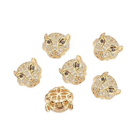 NBEADS 10PCS Brass Micro Pave Cubic Zirconia Gold Leopard Hollow Beads Clear Gemstones CZ Leopard Head Bracelet Connector Charm Beads, 11.5x11.5x7mm, Hole: 1mm